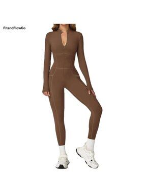 Long Sleeve Jumpsuit Zip Up One Piece Unitard Pocket Bodysuit